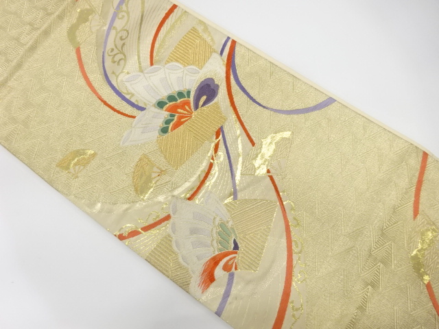 流水に蝶・扇散らし模様織り出し袋帯